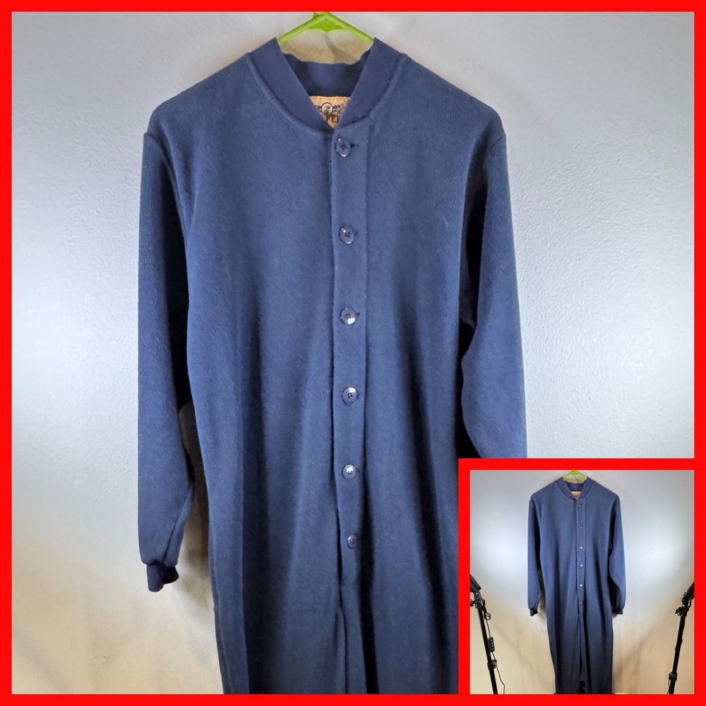 Joe Boxer Union Suit Mens L Blue Fleece Footed Button Front Drop Seat Pajamas‎